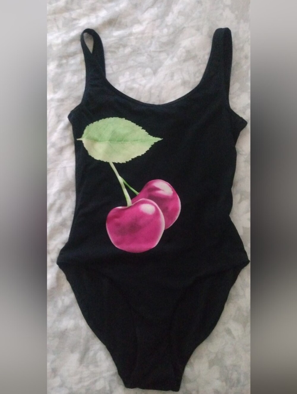 Onia Black One-Piece with Pink Cherry and Green Leaf Graphic
